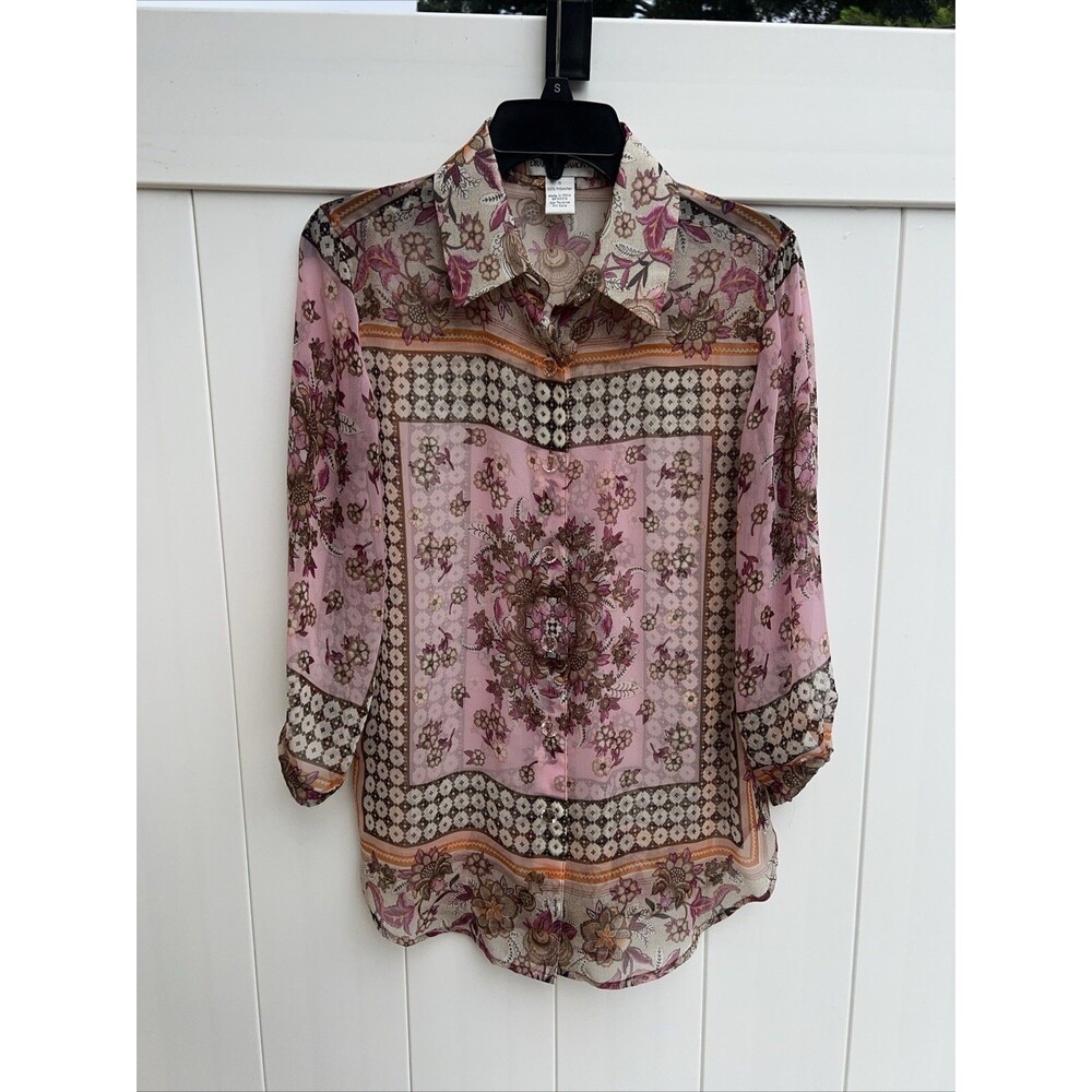 Drapers And Damon's Sheer Button Up Floral Blouse Colorful Lightweight